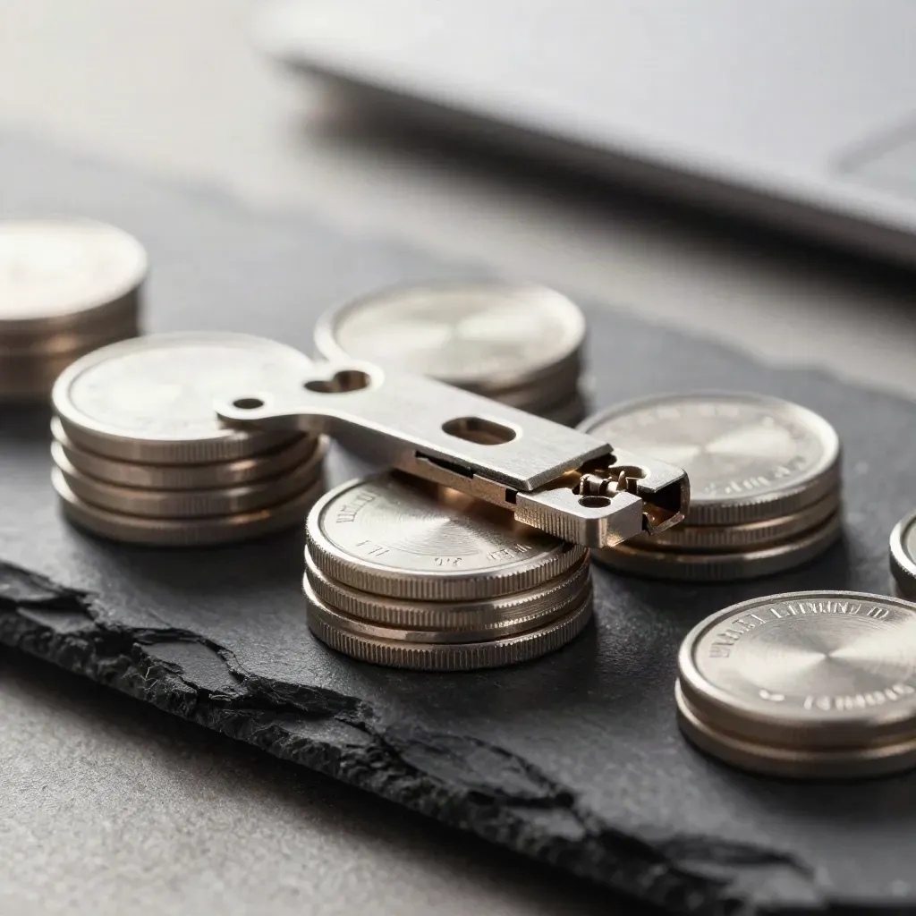 Macro of brushed-aluminum approval tokens and a half-open hinge module on slate stone.