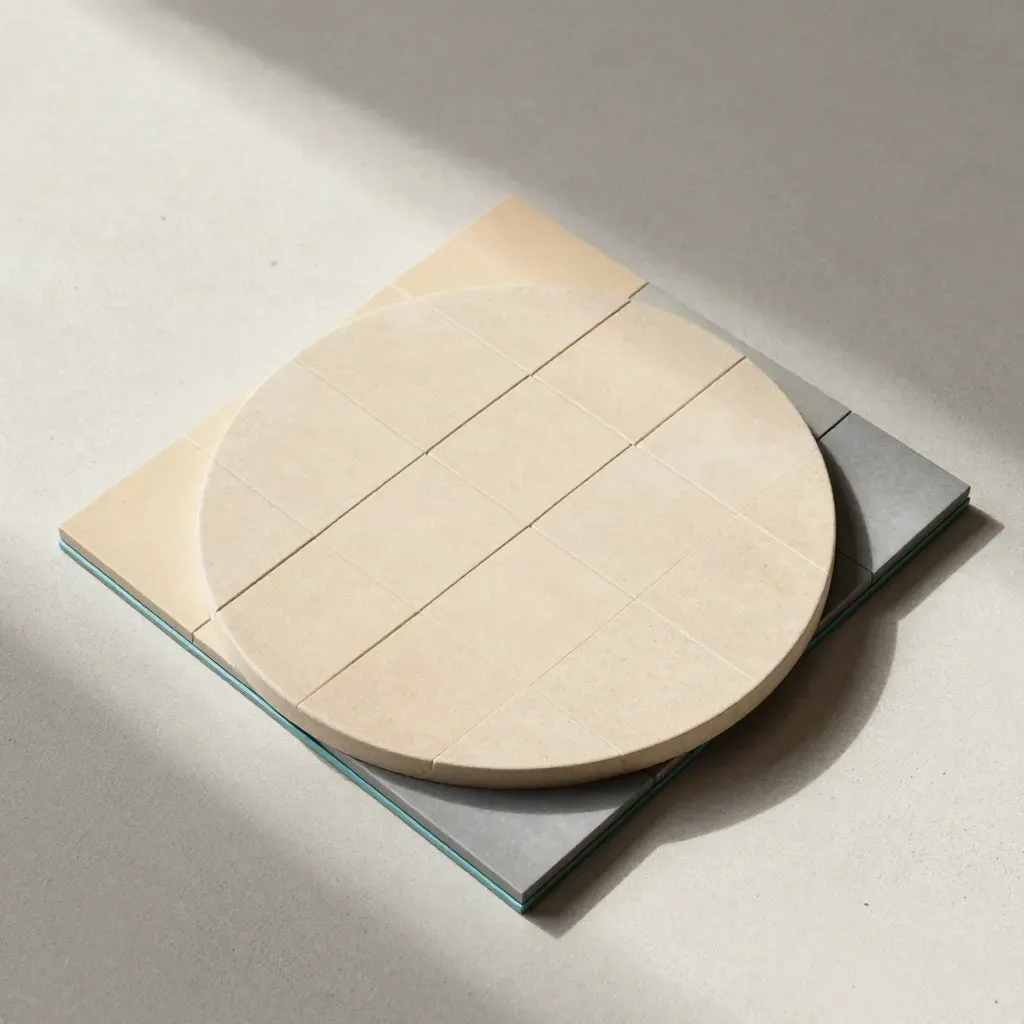 Overhead flatlay of a modular calendar tile set on pale concrete with soft cyan accents.