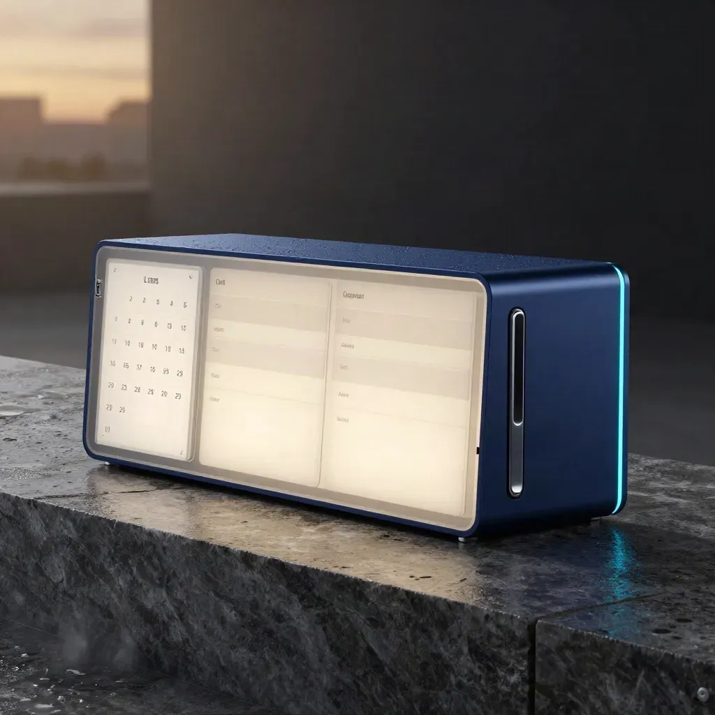 Translucent CMS console with calendar, approvals, and media modules on a wet stone plinth in rain mist.