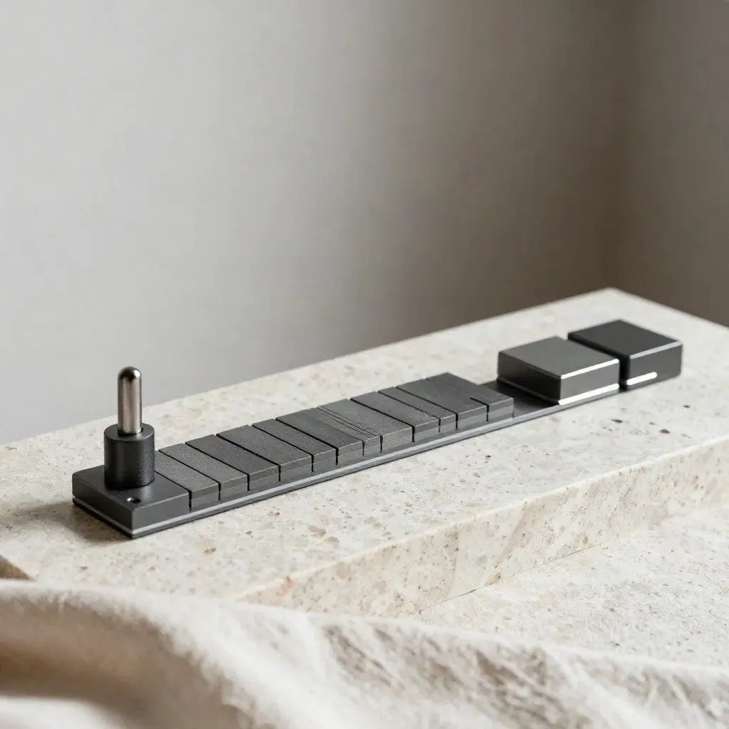 Graphite SEO field kit on travertine, arranged diagonally with soft haze and white highlights