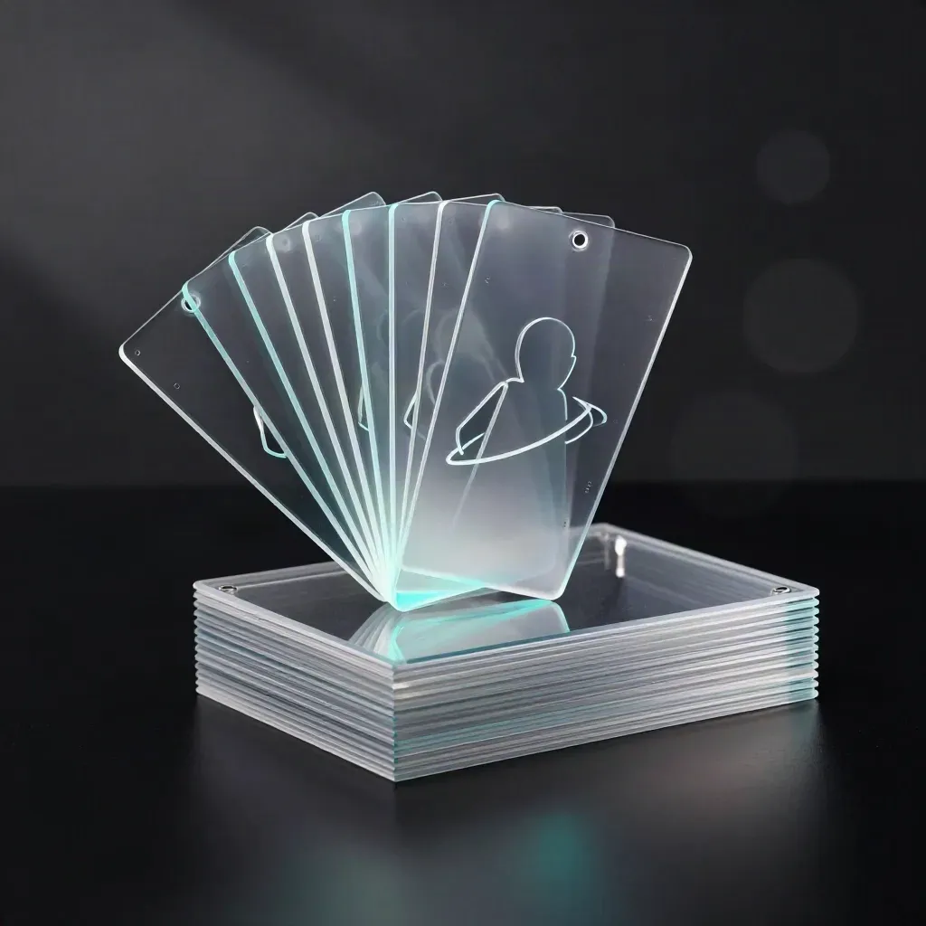 Clear archive block with translucent media sleeves and cyan accents on a dark studio surface.