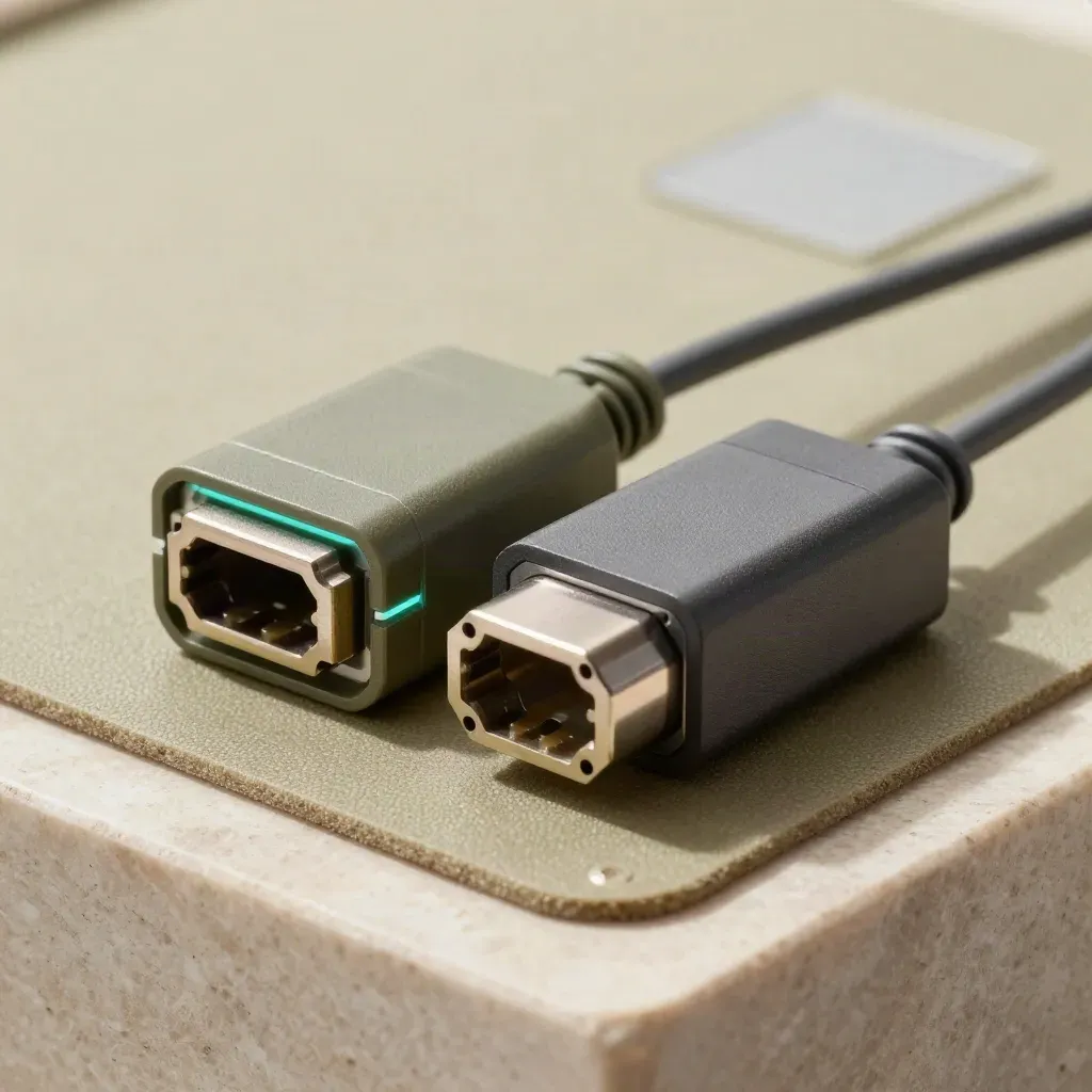 Matte connector module and linked adapter blocks on khaki felt with a subtle cyan glow.