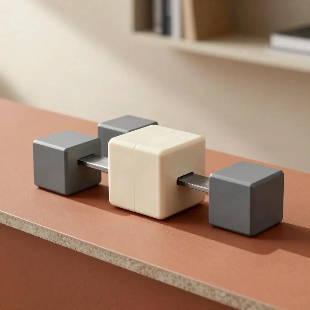 Slate and ivory site modules linked around a central control block on terracotta plaster.