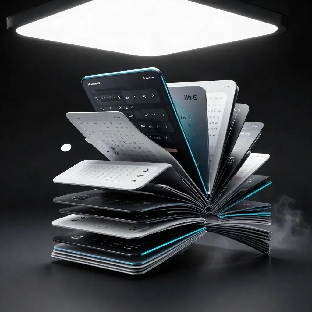 Bursting stack of modular UI cards with cyan edges on a dark surface.
