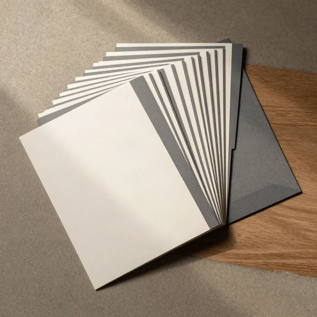 Overhead flatlay of layered article cards and support pieces on concrete