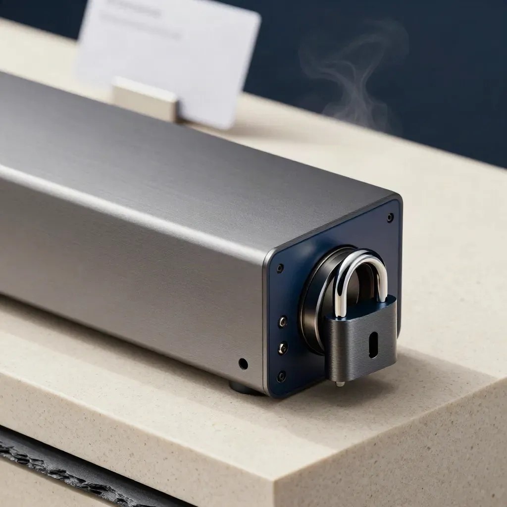 Enterprise SSO gateway block sealing shut beside a blurred product card on travertine.