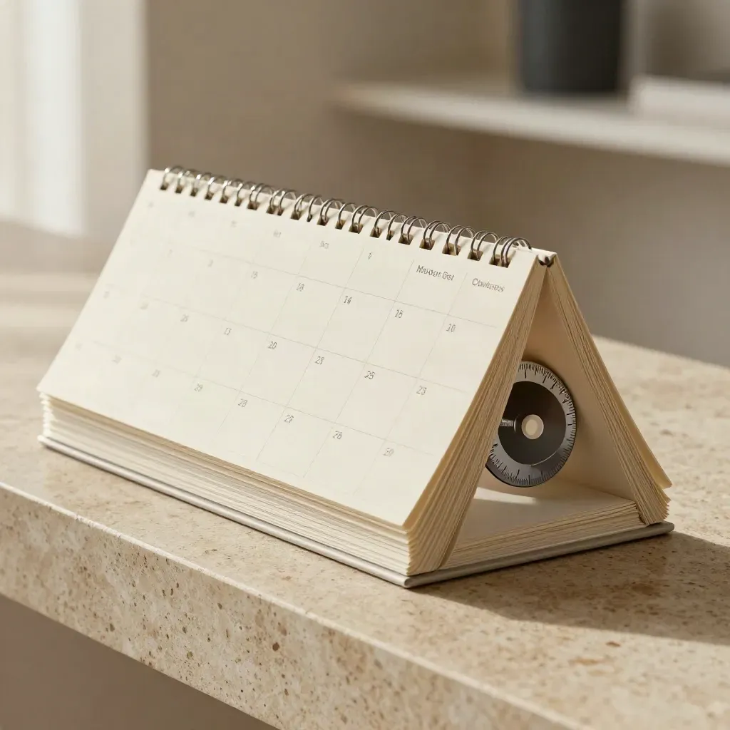 Cream calendar module with flipping pages and a date wheel on travertine in soft haze.