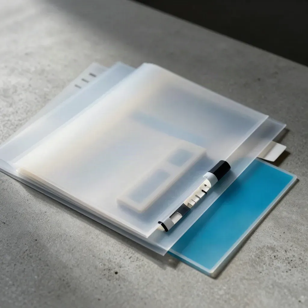 Overhead macro of translucent media archive sleeves and tag markers on concrete.