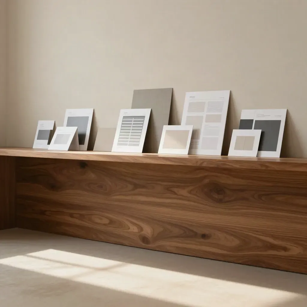 Warm walnut interior with paper page-layout maquettes on a plaster wall ledge