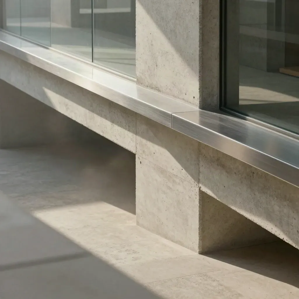 Concrete stairwell and glass corridor with daylight and a brushed-metal ledge in the upper third.