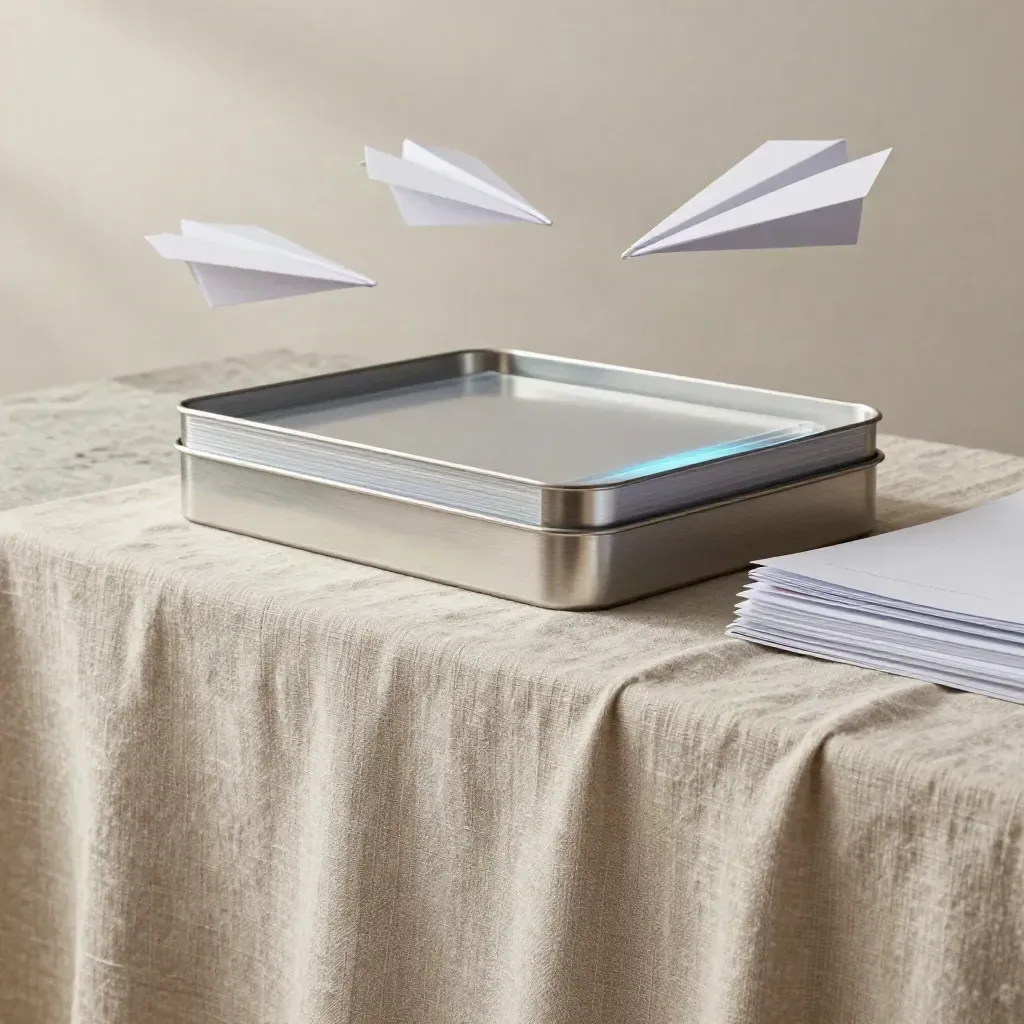 Linen-draped ledge with archival trays and paper planes, calm copy space below.