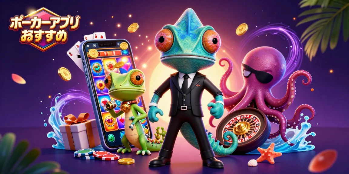 ポーカーアプリ おすすめのシーンを描いたイラスト、アクション満載で魅力的なキャラクターたちが楽しむ光景。
