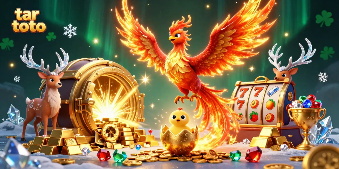 Engage with tar toto slot gameplay featuring a phoenix and mystical stag in vibrant casino ambiance.