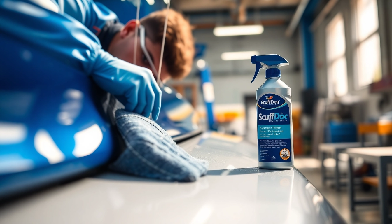 Technician repairing car paint using ScuffDoc in a professional workshop setting.