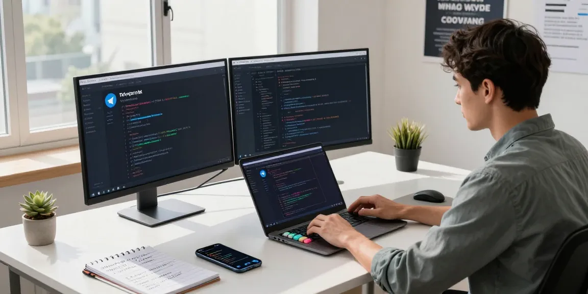 Developer coding in modern workspace for 纸飞机中文版 app, showcasing a productive environment.
