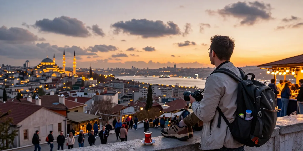 Traveler enjoying the view of Istanbul at sunset, istanbulpano.com reflecting vibrant city life and culture.