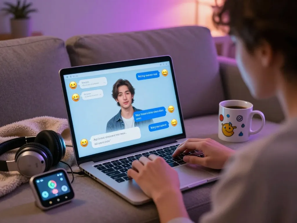Engaging user in ai chat porn conversation with animated chat interface and cozy digital environment.