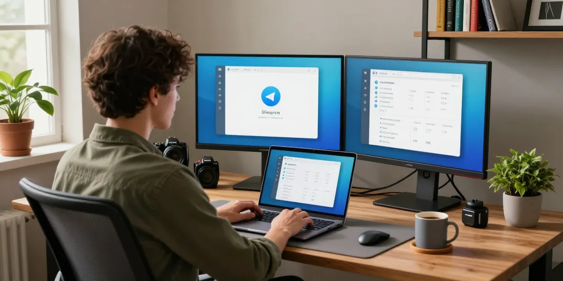 User interacting with telegram中文版 application in a modern tech workspace, showcasing a functional and stylish office setup.