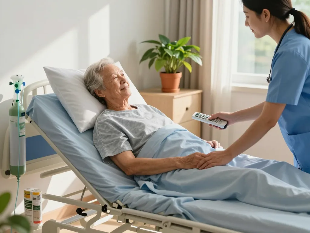 Modern patient bed supporting n elderly patient with caregiver adjusting settings, showcasing comfort and accessibility in home healthcare.
