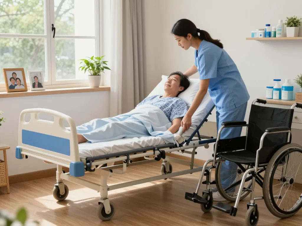 Professional caregiver adjusting giường bệnh nhân in a warm home care setting with medical supplies and supportive atmosphere.