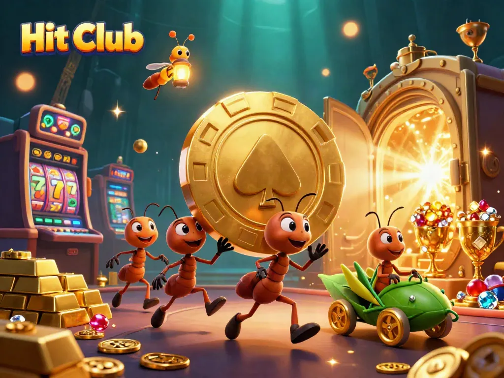 Experience a dynamic casino heist scene in Hit Club featuring playful ant characters and slots.