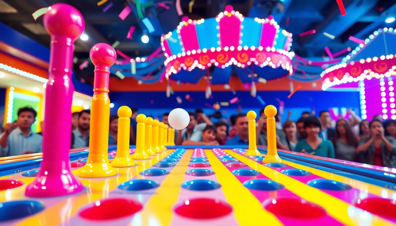 Permainan plinko demo yang penuh warna dengan bola jatuh dan penonton bersemangat.