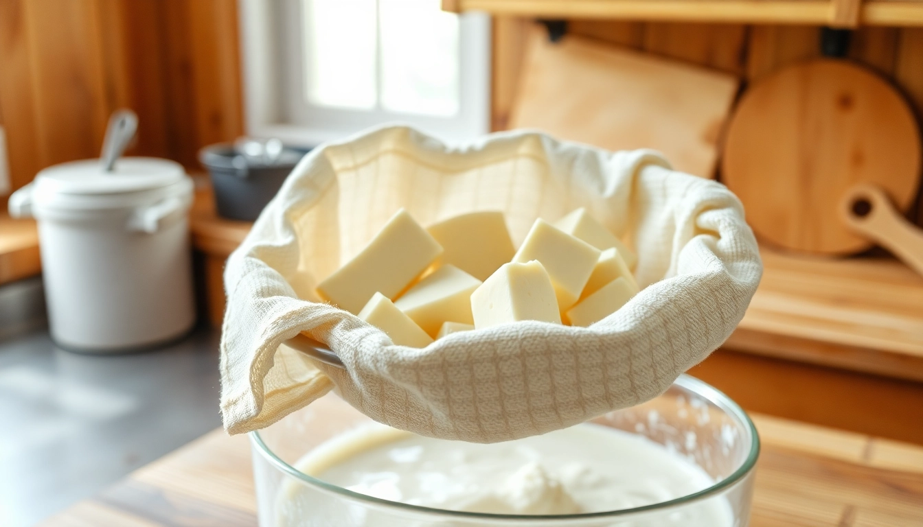 Kaasdoek detail in action while straining cheese curds in a rustic kitchen.