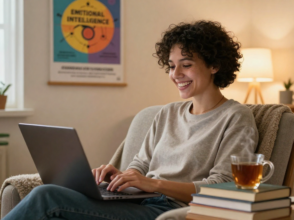 Person engaging in a sex ai chat on a laptop in a cozy room with warm lighting and personal items.