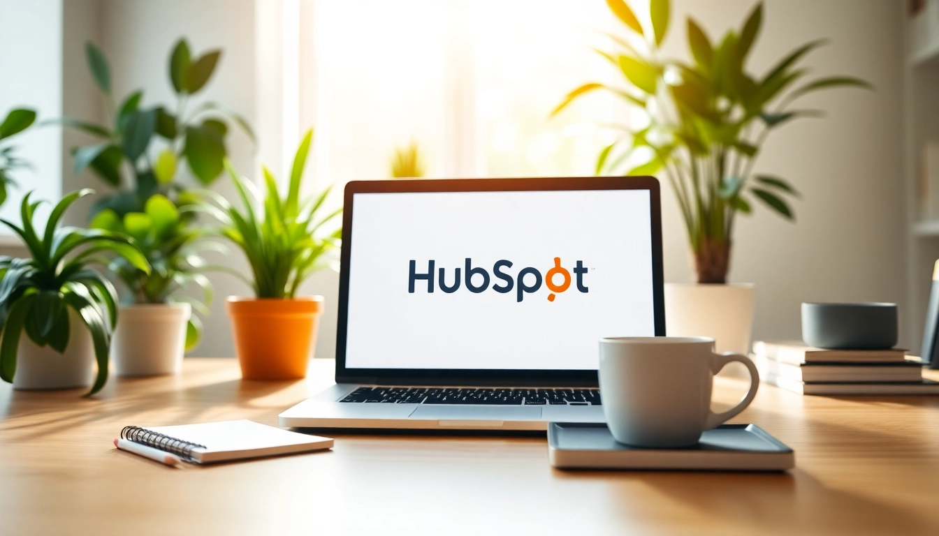 Engaging hubspot free work environment with a laptop, coffee cup, and notepad on a bright desk.