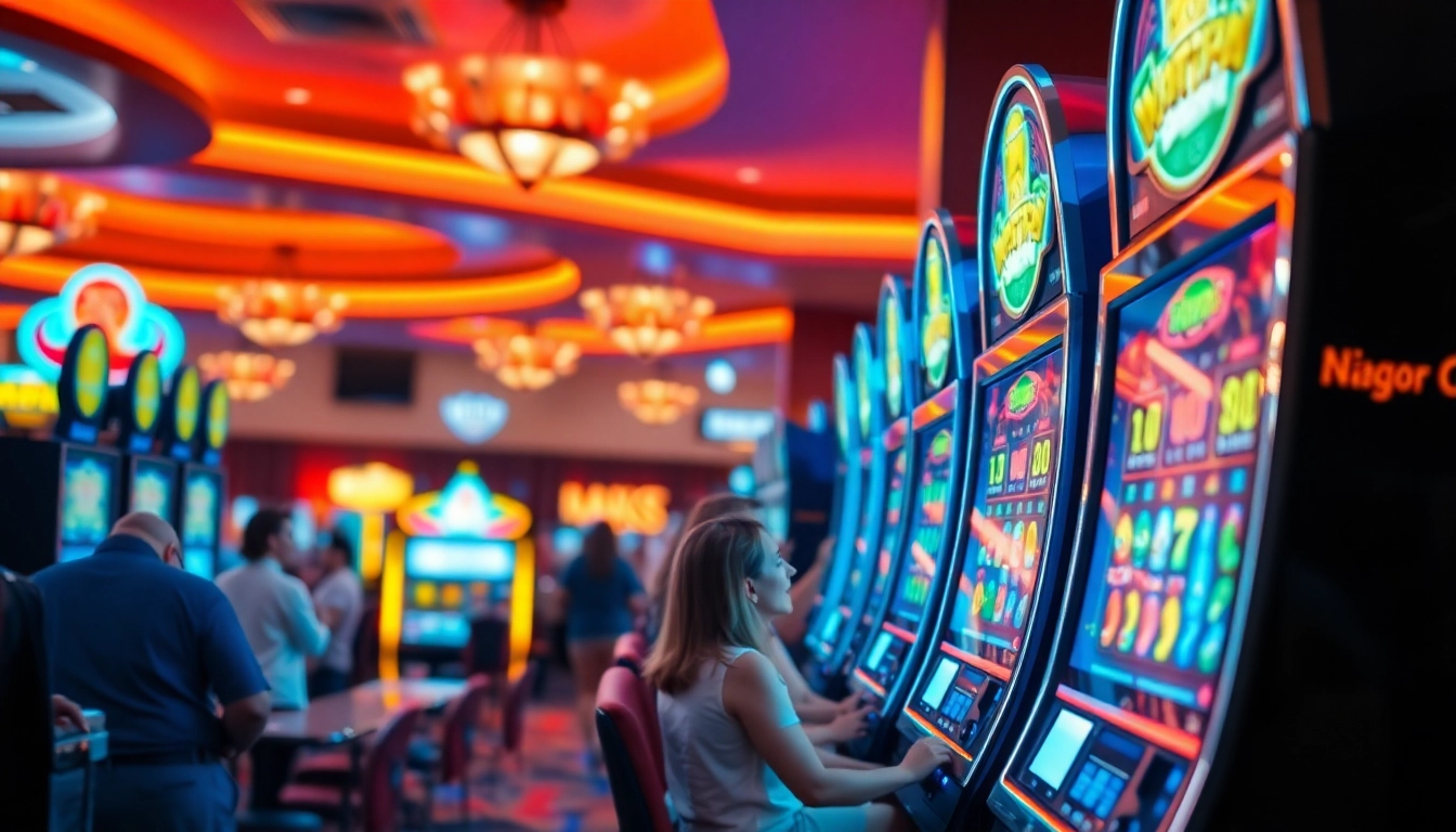 Menggambarkan pengalaman bermain situs slot777 dengan lampu cerah dan pemain ceria.