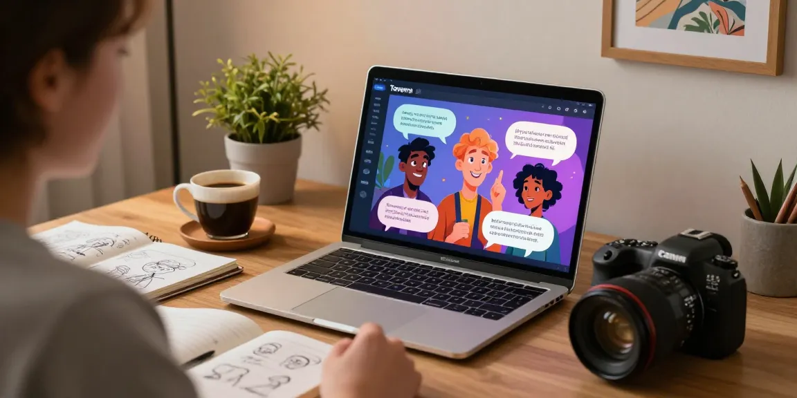 Engaging user interacting with Tavern AI, showcasing vibrant AI characters and storytelling elements in a cozy workspace.