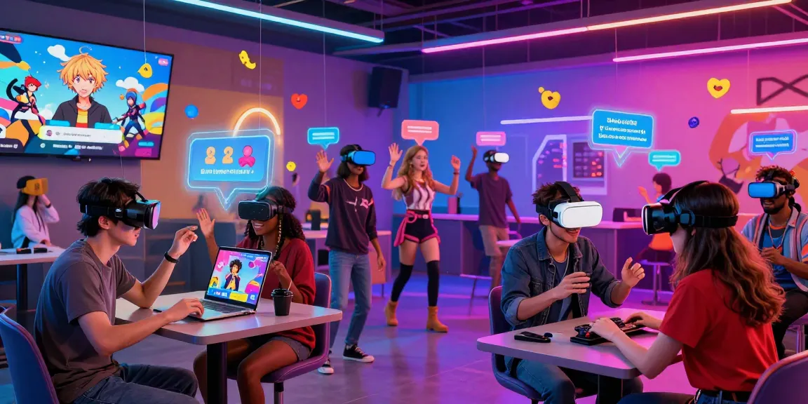 Engaging Status app scene with users interacting with avatars and characters in a vibrant virtual world, capturing the essence of online social adventures.
