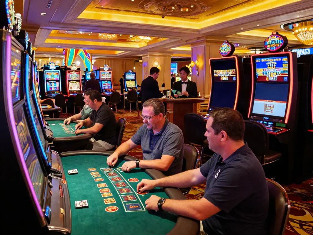 Excited players at a vibrant credit card casino enjoying games and cocktails.