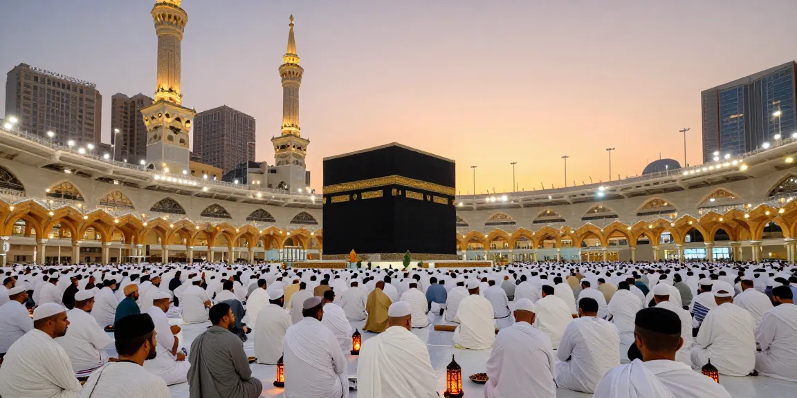 Experience umroh full ramadhan in the heart of Mecca with breathtaking views of Masjid al-Haram during sunset.