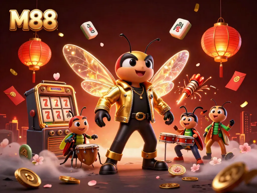 Experience M88's thrilling casino adventure with a lively rock star scene filled with colorful gaming elements.