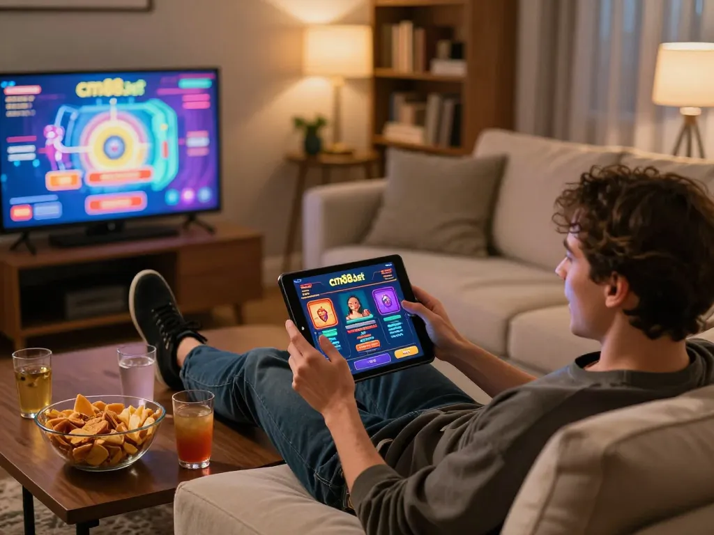 Engaged player enjoying cm88-bet online casino game on a tablet in a cozy home setting