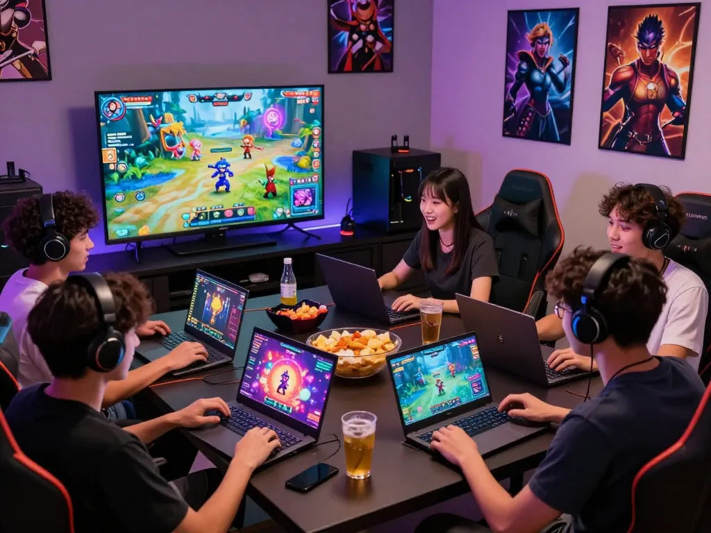 Group enjoying online porn games in a lively gaming room with snacks and devices.