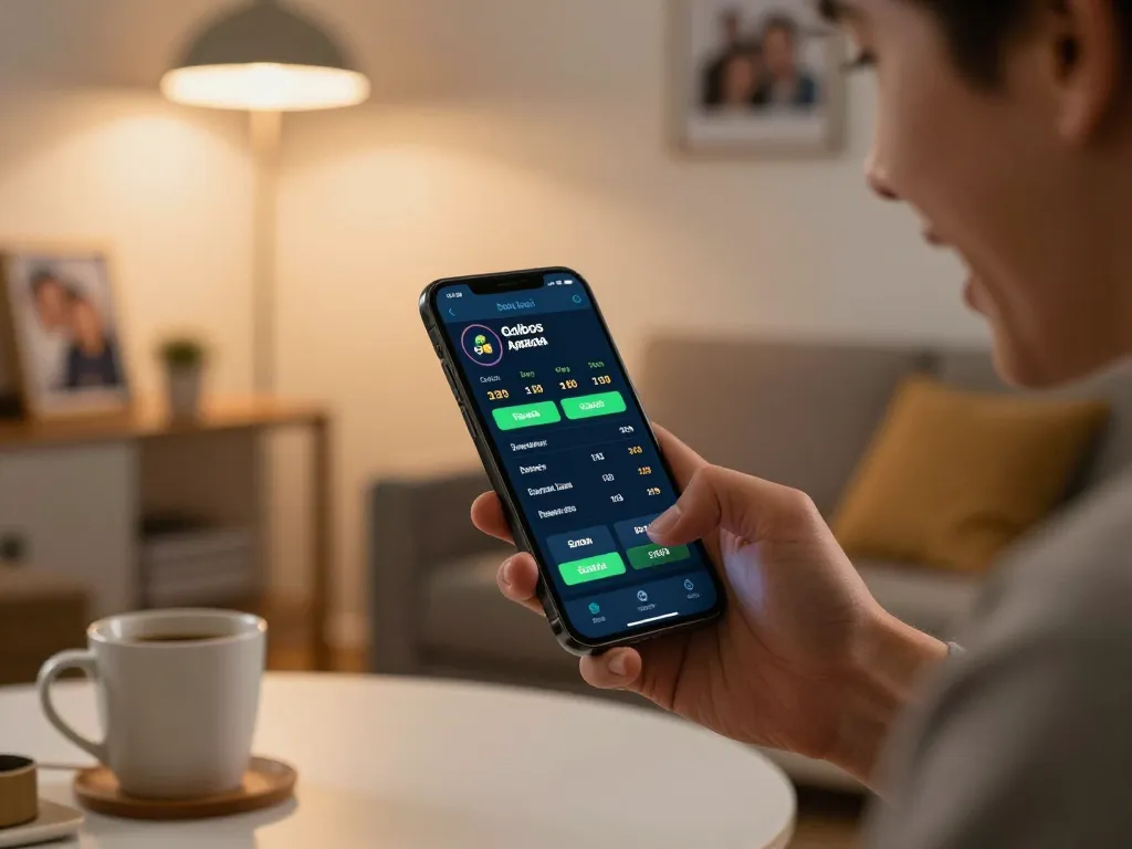 Excited bettor using Golbos Agen Bola parlay app for sports betting with warm home atmosphere