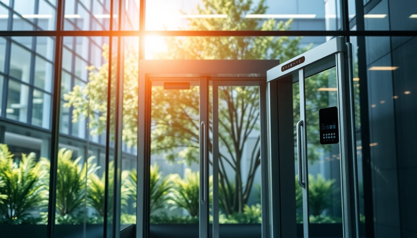 Automated glass door featuring Evolution Entrance Systems in a contemporary commercial setting