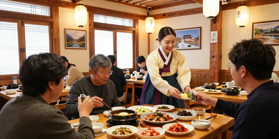 A lively scene at 상봉동 한국관 featuring traditional Korean dishes and warm atmosphere.