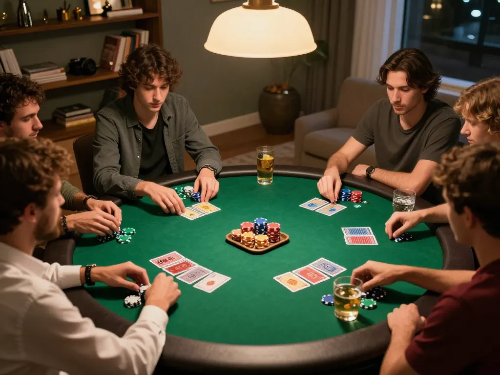 Engaged players in a friendly poker game at home illustrating tt88 trang chủ gaming atmosphere with vibrant colors and strategic moments.