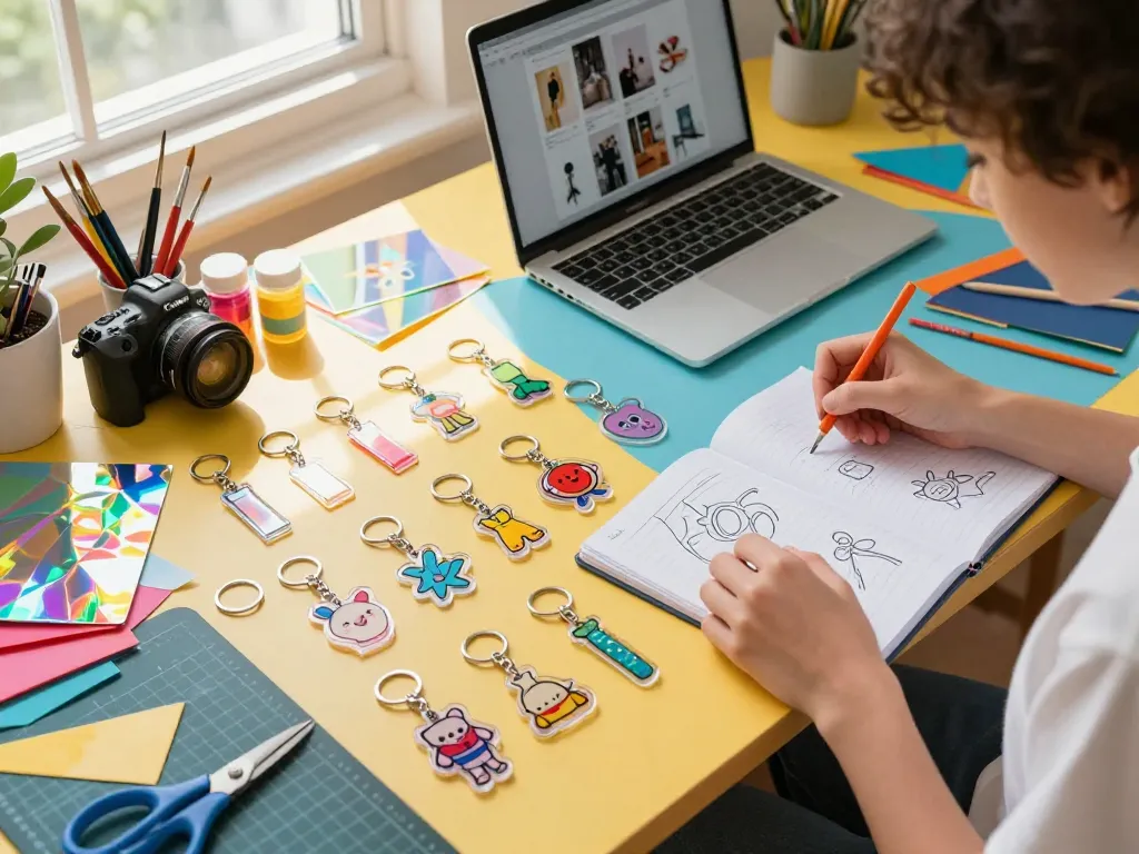 Artist designing custom acrylic keychains with vibrant materials on a colorful table.