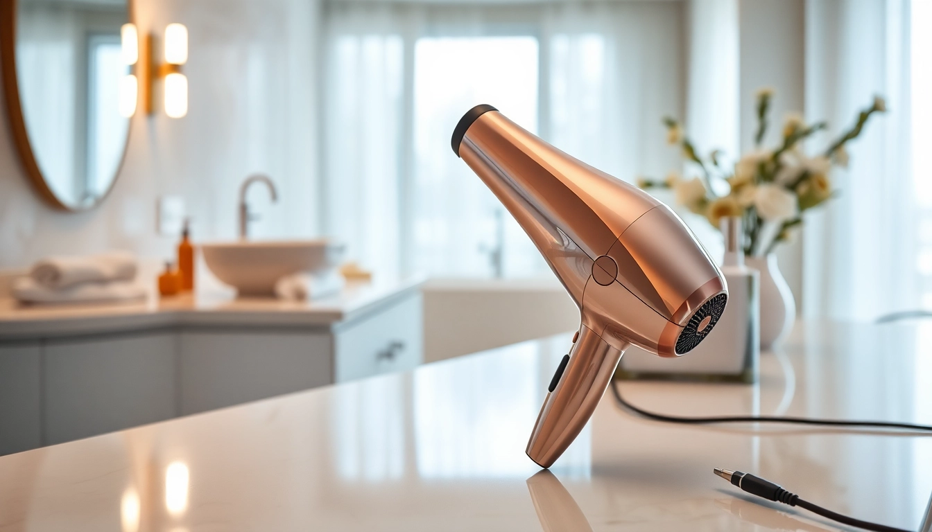 Ionic hair dryer showcasing sleek design on a vanity, creating a professional ambiance.