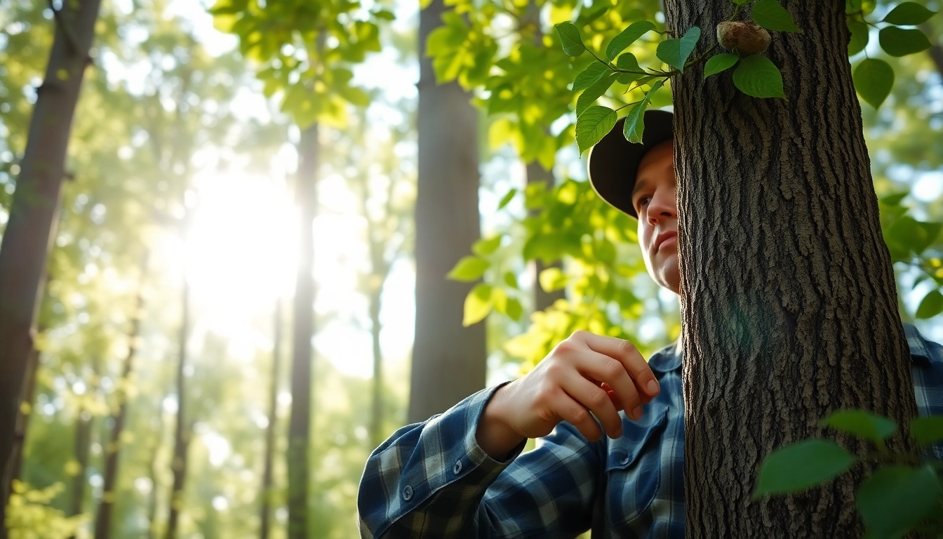Arborist assessing tree health at Black Mountain Tree Consultancy in a vibrant forest setting.