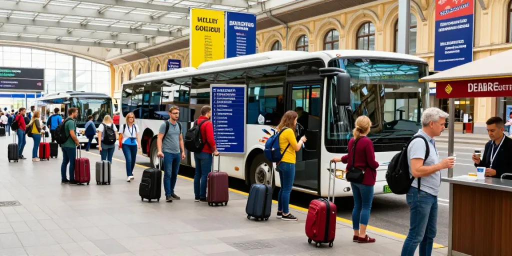 Transport internațional Moldova, pasageri așteptând la terminal pentru călătorii rapide în Europa.