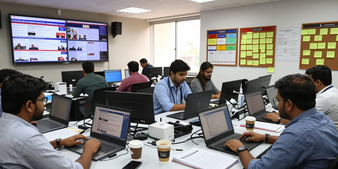 Energetic newsroom scene depicting reporters at https://www.theindaily.com covering live updates.