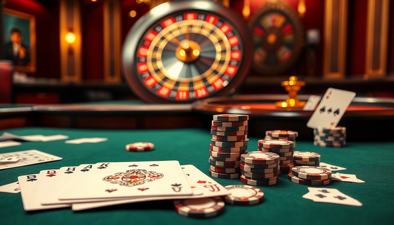 Experience the thrill of gambling at 777VIP with a luxurious poker table and roulette wheel.
