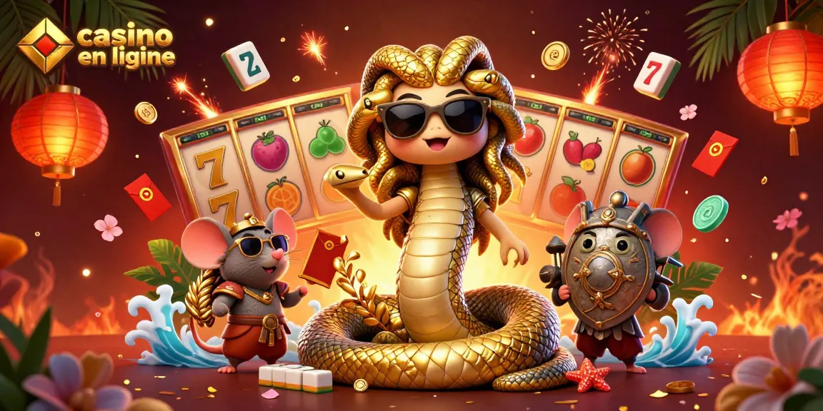 Jouez sur un casino en ligne avec Méduse et un guerrier souris dans une scène festive riche en couleurs.