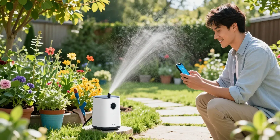 Smart sprinkler system managing a lush garden effortlessly while homeowner interacts with the app.