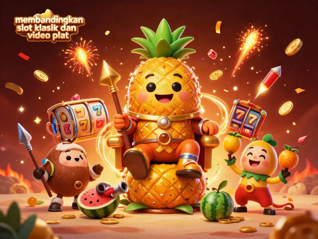Membandingkan slot klasik dan video slot di ilustrasi 3D kasino, dengan raja nanas, pengawal kelapa, dan badut mangga di latar belakang yang meriah.
